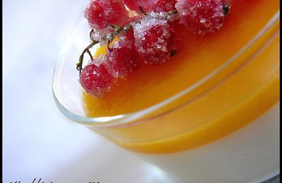 Panna cotta à la vanille, coulis de mangue et groseilles givrées