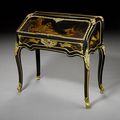 A rare French mid-19th century ebony and ebonised Japanese lacquer bureau à dos d'âne, possibly by Louis Auguste Alfred Beurdele