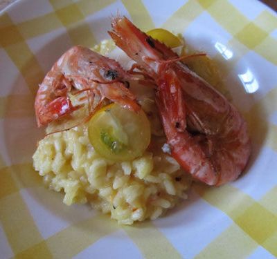 Risotto milanese with tomatoes and king prawns