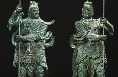 A large pair of bronze dvarapala gate guardians, Ming dynasty