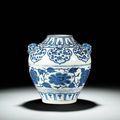 A blue and white jar with mask handles, guan, Yuan dynasty (1279-1366)