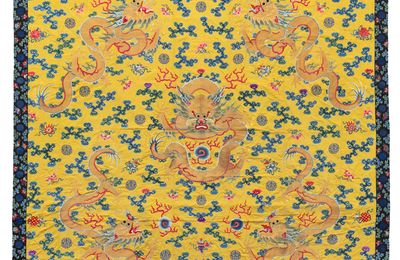 An important and extremely rare imperial yellow hanging with five dragons, 18th-19th century