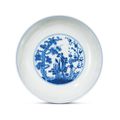 A blue and white 'Three friends of winter' dish, Qianlong six-character seal mark in underglaze blue and of the period (1736-179