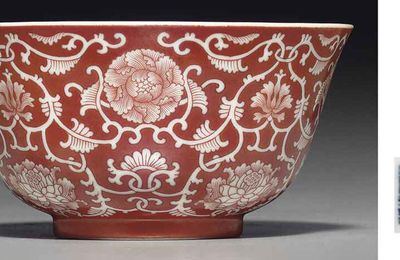 A reverse-decorated coral-ground bowl, Daoguang seal mark in underglaze blue and of the period (1821-1850)