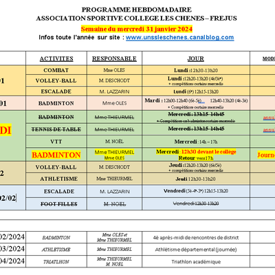PROGRAMME HEBDO semaine du 31/01/2024