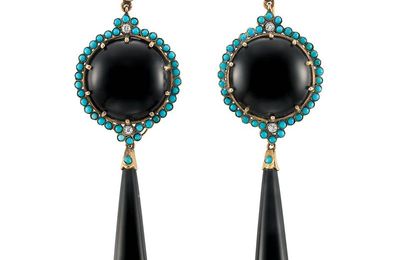 Pair of Antique Gold, Black Onyx, Turquoise and Diamond Pendant-Earrings 