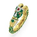 A diamond, ruby, emerald and enamel "Capricorn Ram" bangle bracelet, by David Webb