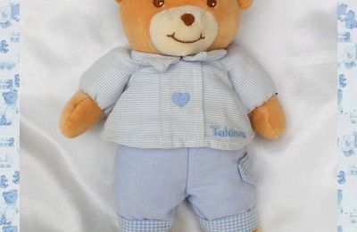 Doudou Peluche Ours Beige Et Bleu Coeur Mario Clément Grelot Takinou