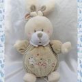 Doudou Peluche Lapin Musical Beige Et Ecru ABC Col Blanc Nicotoy 30 cm