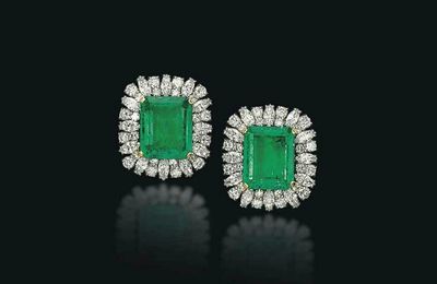 A pair of emerald and diamond earrings, by Bulgari