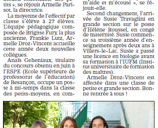 Vu dans la presse : Maternelle, une salle agrandie et deux nouveaux visages - 13/09/2015