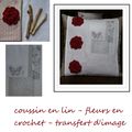 coussin en lin - fleurs en crochet / couleur grenat