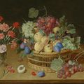 Jacob van Hulsdonck, A still life with a vase of carnations and a basket of peaches, plums, black and white grapes, and cherries