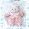 Doudou Peluche Ours Blanc Et Rose Motifs Chat Lapin Poussin Bonnet Cel Maesa 44 cm