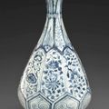 A very rare blue and white faceted bottle vase, yuhuchunping, Yuan dynasty (1279-1368)