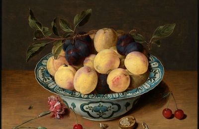Isaac Soreau (Hanau 1604 - after 1638), A still life with peaches and plums in a dish.