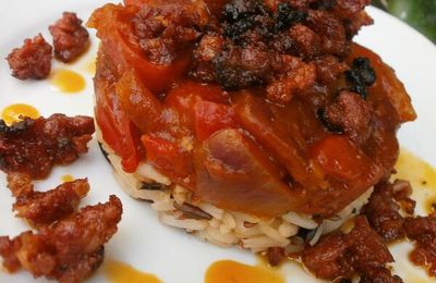 MIETTES DE MERGUEZ SUR SAUCE CHILI ET TROIS RIZ