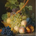 Jan Frans Van Dael (Antwerp 1764 - 1840 Pais), A still life with grapes and peaches in a basket, an open pomegranate, plums, ...
