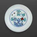 A rare doucai 'flower and butterfly' dish, Mark and period of Yongzheng (1723-1735)