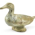 A green-glazed pottery duck, Han dynasty (206 BC-220 AD)