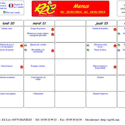 Menu du 20 au 24 janvier 2014