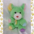 Doudou Peluche Souris Vert Oreilles Jaune Bleu Pattes Rose Violet Noeud Blanc Jaune Vintage 3 S