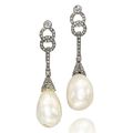 A pair of antique natural pearl and diamond earrings
