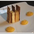 Près d'un gâteau breton, mousse de citron vert et une feuille de gelée mandarine, Perles d'agrumes au vinaigre de citron