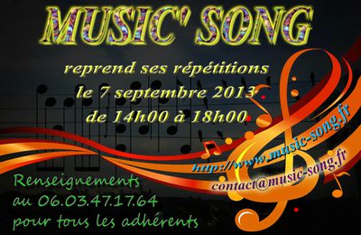 Reprise des répétitions de MUSIC' SONG le 7 septembre à 14h00