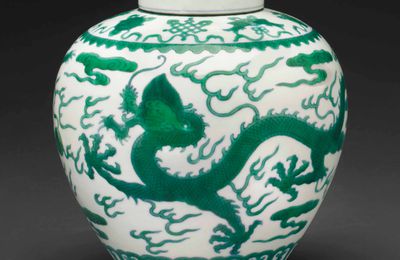 A green-enamelled 'dragon' jar and cover, Jiaqing six-character seal mark in underglazed blue and of the period