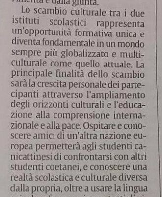 Article sur notre échange dans le quotidien Sicilia du 19 avril 2016