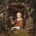 Domenicus van Tol (1635-1676), Jeune fille à la fenêtre, tenant un perroquet.