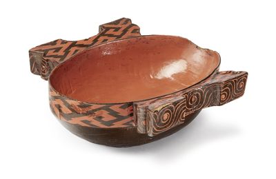A rare early black and red lacquer and wood core ear cup, Zhou-Han dynasty, 5th-3rd Century BCE