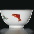 A small famille-verte and anhua decorated 'Three fish' cup, Qing dynasty, Kangxi period (1662-1722)