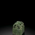  Important Chinese imperial spinach-green jade 'Shui Mu Zhan Qing Hua' seal, Jiaqing to be sold at Bonhams