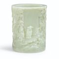 An exceptional and rare white jade 'Figures' brushpot, Qing dynasty, 18th century 