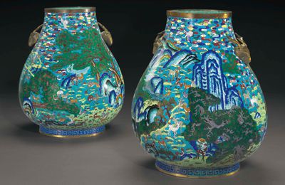 A rare pair of large cloisonné enamel 'hundred deer' vases, hu, Jiaqing period (1796-1820)