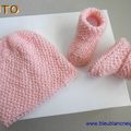 tuto tricot bebe, bonnet et chaussons roses, point riz