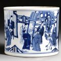 A blue and white  'Four Accomplishements' brushpot. Qing dynasty, Kangxi period