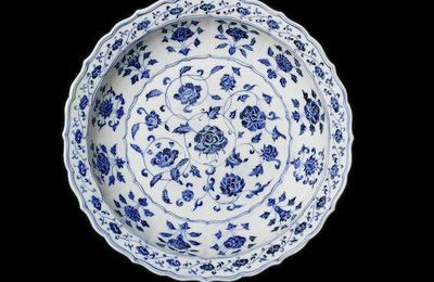 A magnificent and extremely rare blue and white barbed dish, Yongle period