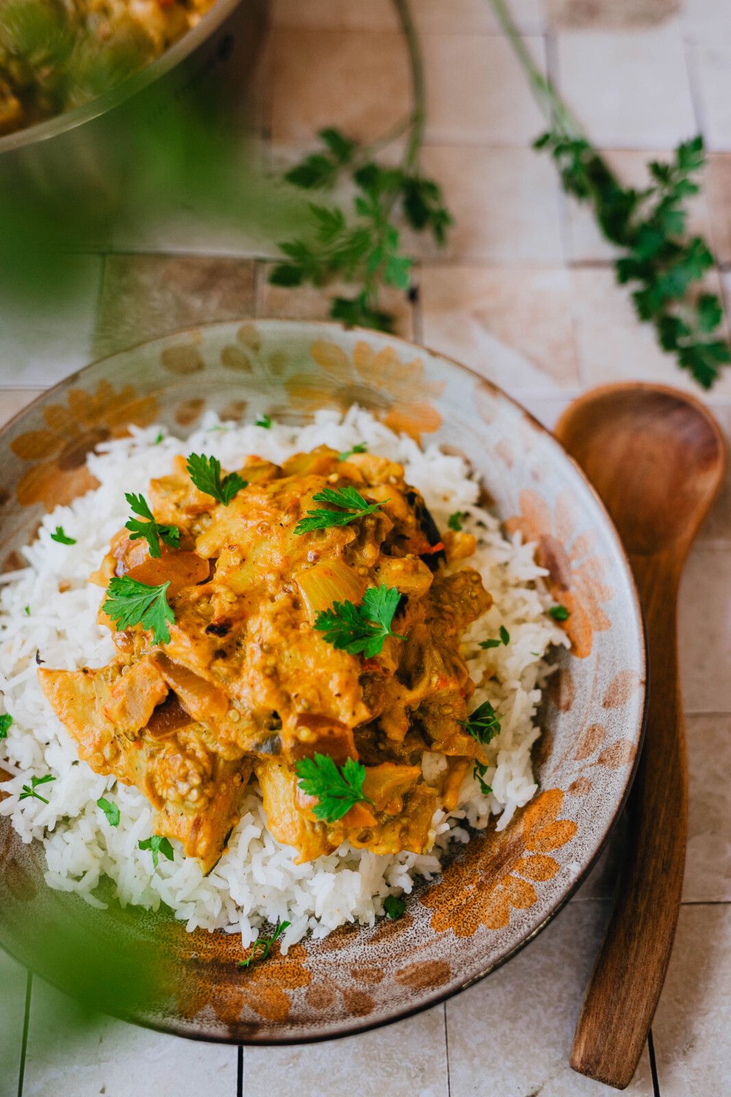 curry d'aubergines, recette facile, recette estivale, à l'indienne, épices, curcuma, curry, coriandre, gingembre