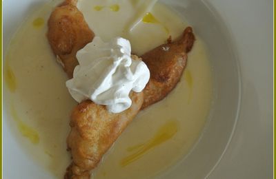 Gaspacho d'asperges, beignets de langoustines et chanitilly aux agrumes 