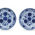 A pair of blue and white 'floral' dishes, Yongzheng six-character marks and of the period (1723-1735)