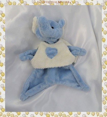 Doudou Peluche Plat Eléphant Bleu Haut Ecru Coeur Bleu Maxita