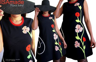 Robe Noire Fleurie rouge écru vert anis Créateur Printemps en taille 42/44 : la robe Fantaisie et Originale »Floral Boho »