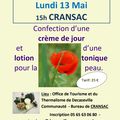 Prochain atelier cosmetique à Cransac : Ce sera le lundi 13 Mai à l'office du tourisme.