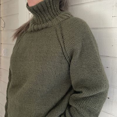 Pull col roulé, raglan, tricoté aux aiguilles circulaires, top down, laine sport de phildar