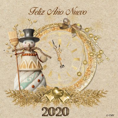 Carta gif "Feliz Año Nuevo 2020" muñeco de nieve, corona de Navidad dorada, reloj de pendulo