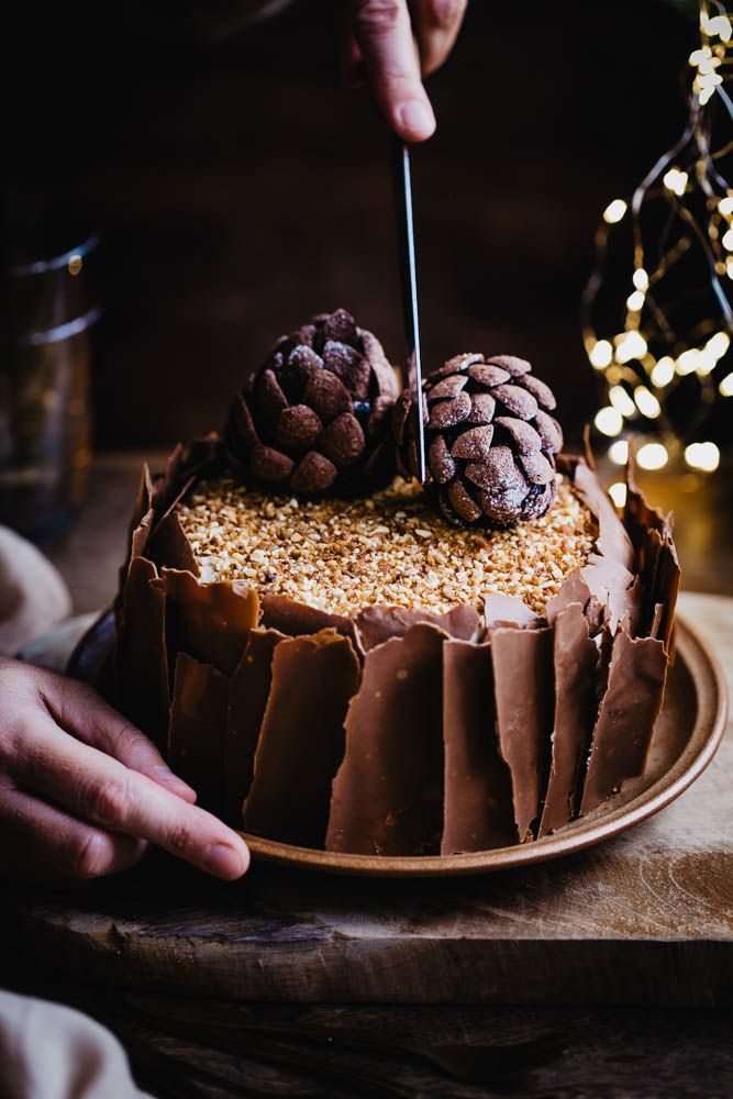 gateau de Noel, christmas cake, genoise noisettes, chantilly vanille, repas de noel, dessert de noel, léger, facile, feuille en chocolat, pommes de pin brownies au chocolat