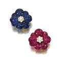 Pair of sapphire, ruby and diamond ear clips/brooches, Sabbadini. 